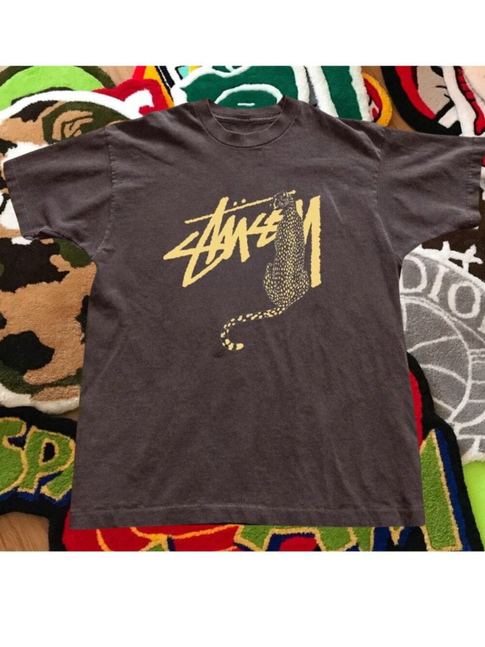 Stussy Cheetah Leopard Script Logo T-Shirt Brown Graphic Tee Streetwear Top